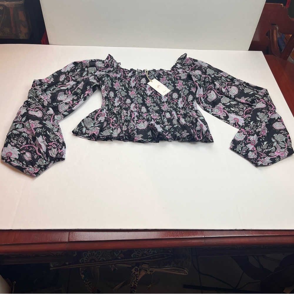 Mille Circe Smocked Top Tropical Night Womens Size Large Black Floral Blouse NEW